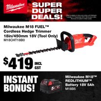 Milwaukee M18 FUEL Hedge Trimmer 18in/450mm 18V with Bonus M18 5Ah Battery