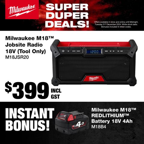 Milwaukee M18 Jobsite Radio 18V - Bare Tool with Bonus M18 4Ah Battery