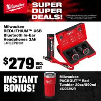 Milwaukee Bluetooth In-Ear Headphones 3.0Ah with Bonus PACKOUT Tumbler 590ml