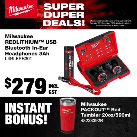 Milwaukee Bluetooth In-Ear Headphones 3.0Ah with Bonus PACKOUT Tumbler 590ml