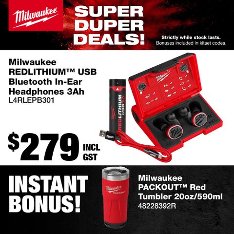 Milwaukee Bluetooth In-Ear Headphones 3.0Ah with Bonus PACKOUT Tumbler 590ml