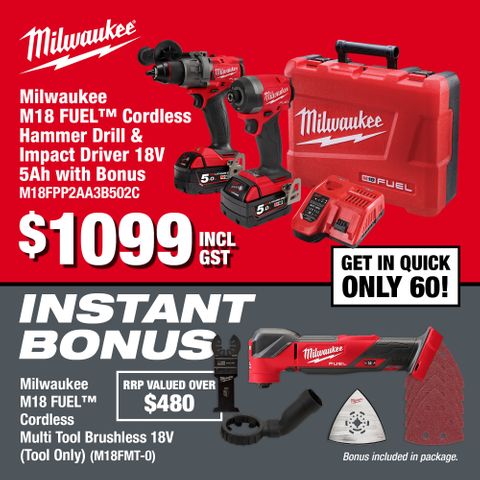 Milwaukee M18 FUEL Cordless Hammer Drill & Impact Driver 18V 5Ah with Bonus