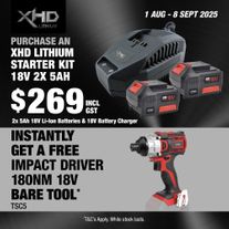 XHD Lithium Starter Kit 18V 2x 5Ah with Impact Driver Brushless 180Nm 18V