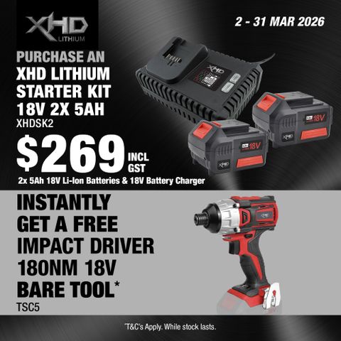 XHD Lithium Starter Kit 18V 2x 5Ah with Impact Driver Brushless 180Nm 18V