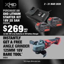 XHD Lithium Starter Kit 18V 2x 5Ah with Angle Grinder Brushless 125mm 18V