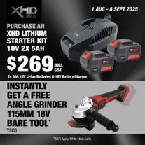 XHD Lithium Starter Kit 18V 2x 5Ah with Angle Grinder Brushless 115mm 18V