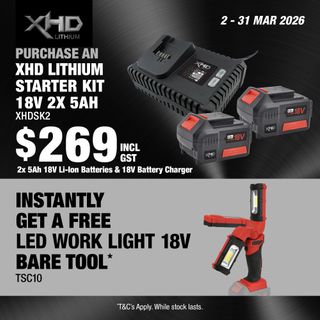 XHD Lithium Starter Kit 18V 2x 5Ah with LED Work Light 18V