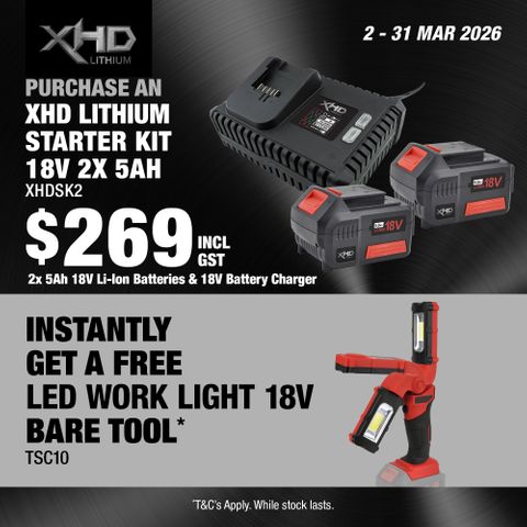 XHD Lithium Starter Kit 18V 2x 5Ah with LED Work Light 18V