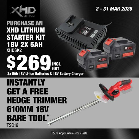 XHD Lithium Starter Kit 18V 2x 5Ah with Hedge Trimmer 610mm 18V