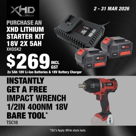 XHD Lithium Starter Kit 18V 2x 5Ah with Impact Wrench Brushless 1/2in 400Nm 18V