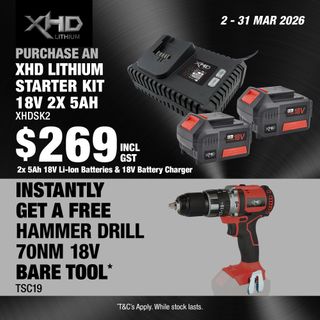 XHD Lithium Starter Kit 18V 2x 5Ah with Hammer Drill Brushless 70Nm 18V