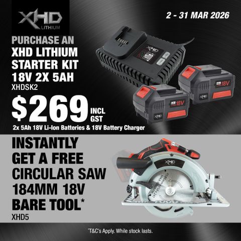 XHD Lithium Starter Kit 18V 2x 5Ah with Circular Saw Brushless 184mm 18V