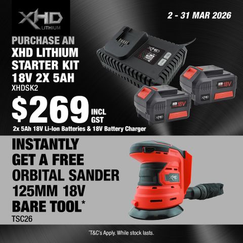 XHD Lithium Starter Kit 18V 2x 5Ah with Orbital Sander 125mm 18V