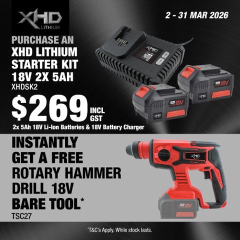 XHD Lithium Starter Kit 18V 2x 5Ah with Rotary Hammer Drill Brushless 18V