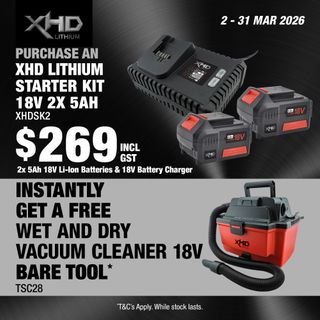 XHD Lithium Starter Kit 18V 2x 5Ah with Wet and Dry Vacuum Cleaner Brushless 18V