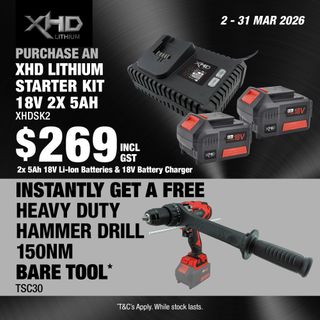 XHD Lithium Starter Kit 18V 2x 5Ah with Heavy Duty Hammer Drill Brushless 150Nm