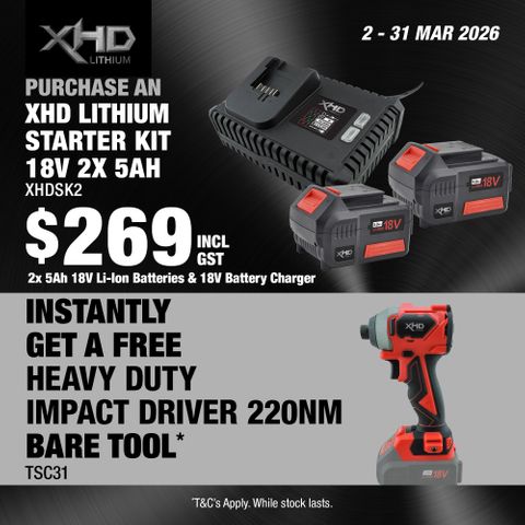 XHD Lithium Starter Kit 18V 2x 5Ah with Heavy Duty Impact Driver Brushless 220Nm