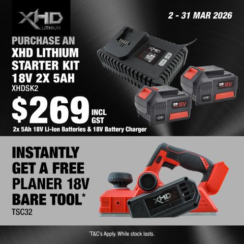XHD Lithium Starter Kit 18V 2x 5Ah with Planer Brushless 18V