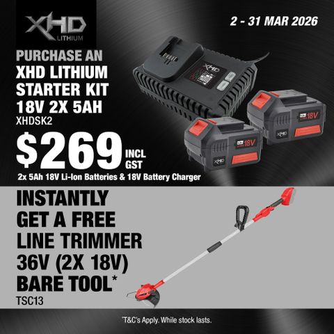 XHD Lithium Starter Kit 18V 2x 5Ah with Line Trimmer 36V (2x 18V)