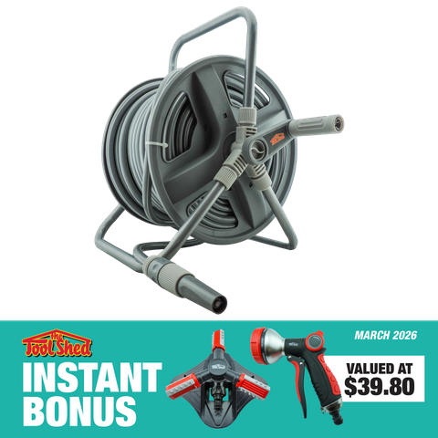 ToolShed Water Hose Reel with Spray Nozzle and Rotary Sprinkler