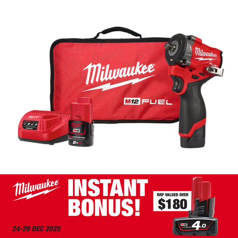 Milwaukee M12 FUEL Cordless Impact Wrench Stubby Gen2 3/8in 12v 2Ah with BONUS