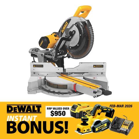 DEWALT Compound Sliding Mitre Saw 305mm with DeWalt Cordless Planer Kit 18V