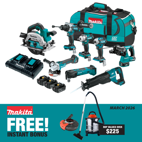 Makita LXT Cordless Combo Kit 8pc 18v 5Ah with Bonus ToolShed Vacuum & Shroud