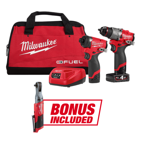 Milwaukee M12 FUEL Cordless Hammer Drill & Impact Driver 12V & BONUS Ratchet