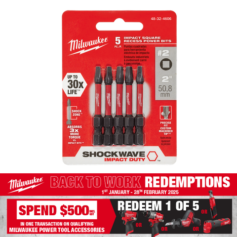 Milwaukee SHOCKWAVE Impact Bits #2 Square 50mm 5pk