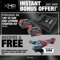 XHD Lithium Starter Kit 18V 2x 5Ah with Angle Grinder Brushless 125mm 18V