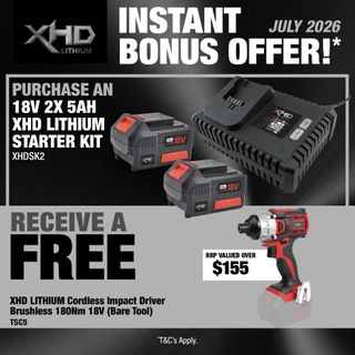XHD Lithium Starter Kit 18V 2x 5Ah with Impact Driver Brushless 180Nm 18V