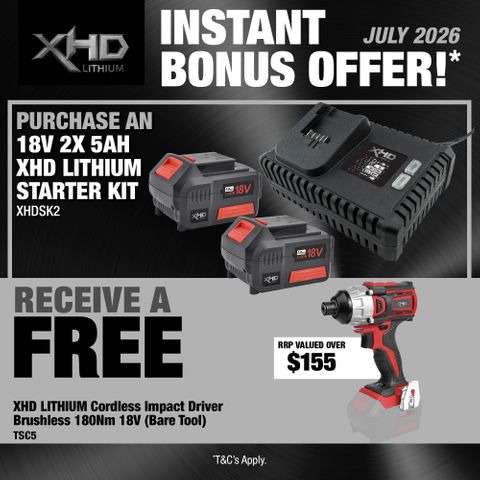 XHD Lithium Starter Kit 18V 2x 5Ah with Impact Driver Brushless 180Nm 18V
