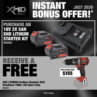 XHD Lithium Starter Kit 18V 2x 5Ah with Hammer Drill Brushless 70Nm 18V