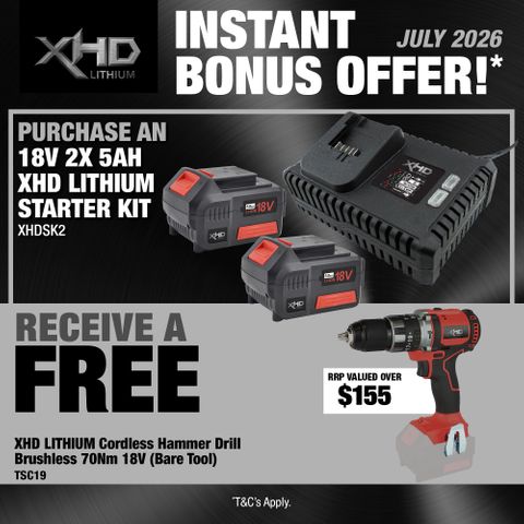 XHD Lithium Starter Kit 18V 2x 5Ah with Hammer Drill Brushless 70Nm 18V