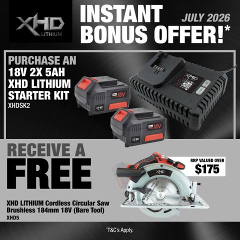 XHD Lithium Starter Kit 18V 2x 5Ah with Circular Saw Brushless 184mm 18V