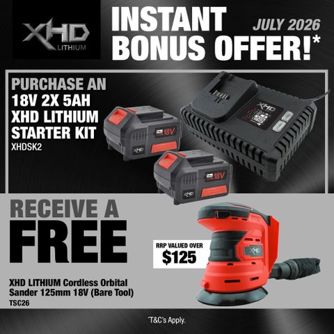 XHD Lithium Starter Kit 18V 2x 5Ah with Orbital Sander 125mm 18V