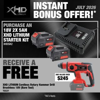 XHD Lithium Starter Kit 18V 2x 5Ah with Rotary Hammer Drill Brushless 18V