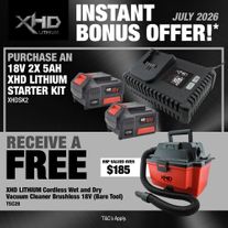 XHD Lithium Starter Kit 18V 2x 5Ah with Wet and Dry Vacuum Cleaner Brushless 18V