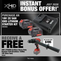 XHD Lithium Starter Kit 18V 2x 5Ah with Heavy Duty Hammer Drill Brushless 150Nm