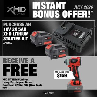 XHD Lithium Starter Kit 18V 2x 5Ah with Heavy Duty Impact Driver Brushless 220Nm