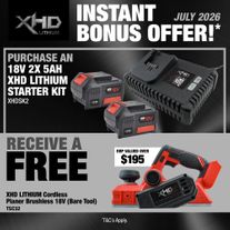 XHD Lithium Starter Kit 18V 2x 5Ah with Planer Brushless 18V