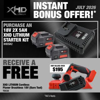 XHD Lithium Starter Kit 18V 2x 5Ah with Planer Brushless 18V
