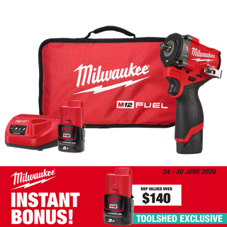 Milwaukee M12 FUEL Impact Wrench Stubby Gen2 3/8in 12v 2Ah with Bonus Battery