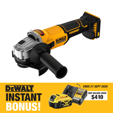 DEWALT Cordless Angle Grinder 125mm Brushless Slide Switch XR 18V with BONUS