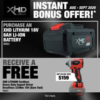XHD LITHIUM Cordless Battery 8Ah with Heavy Duty Impact Driver Brushless 220Nm