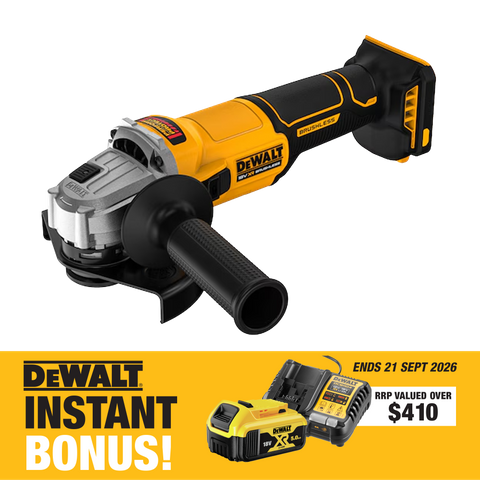 DEWALT Cordless Angle Grinder 125mm BL Slide Switch XR 18V with Bonus
