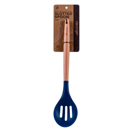 CLEVINGER BEECHWOOD & SILICONE SLOTTED SPOON NAVY