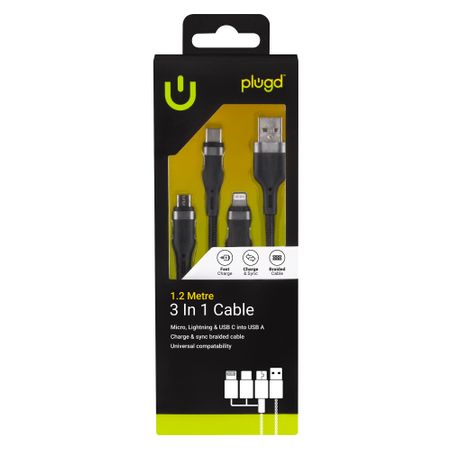 3 in 1 Charge and Sync Cable Micro, Iphone and type C/ into USB A