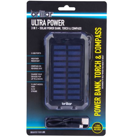 ULTRA POWER 3 IN 1 SOLAR POWERBANK, TORCH & COMPASS