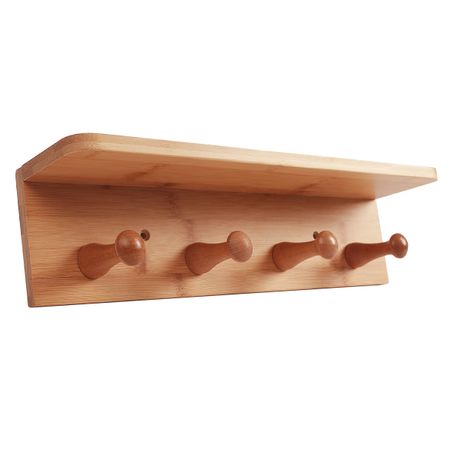 BAMBOO WALL SHELF WITH 4 HOOKS